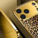 Gold Brown Leopard Print Gold Tempered Glass Case For iPhone