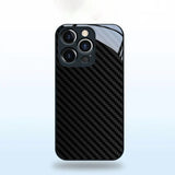 Black Carbon Fiber Texture Tempered Glass Black Case For iPhone