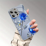 Stylish Crystal Blue Rose Pattern Tempered Glass  Case For iPhone