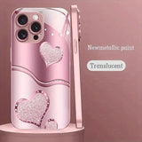 Cute Love Heart Pattern Pink Metallic Paint Glass Hard Case For iPhone