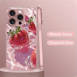 Delicious Strawberry Pattern Pink Metallic Paint Glass Phone Case For iPhone