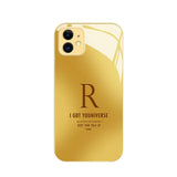 Electroplated glass phone case letter "R" design golden frame case For iPhone