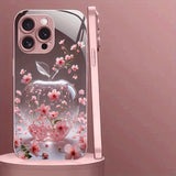 Cherry Blossom For Apple Pattern Pink Metal Paint Tempered Glass Case For iPhone