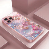 Luxury Butterfly Pearl Pattern Pink Metallic Paint Glass Phone Case For iPhone