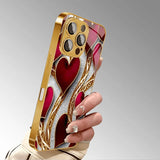 Elegant Red Gold Heart Pattern Gold Tempered Glass  Case For iPhone