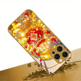 Red Fortune Pearl Money Bag Gold Metallic Paint Glass Phone Case For iPhone