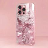 Pink Crystal Phoenix Pattern Metallic Paint Glass Hard Case For iPhone