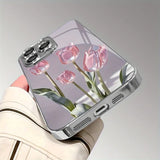 Pink Glass Tulip Pattern Glass Electroplated Case For iPhone