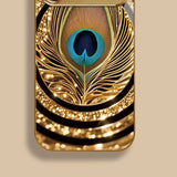 Golden Peacock Feather Pattern Gold Tempered Glass Case For iPhone