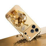 Luxury Jewel For Apple Pattern Gold Metallic Paint Glass Phone Case For iPhone