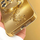 Diamond Golden Phoenix Pattern Gold Metallic Paint Glass Phone Case For iPhone