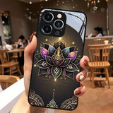 Golden Lotus Flower Tempered Glass Phone Case For iPhone