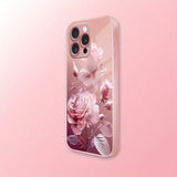Luxury Pink Rose Pattern Pink Metallic Paint Tempered Glass Case For iPhone