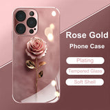 Cute Pink Rose Pattern Metallic Tempered Glass Case For iPhone