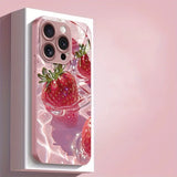 Delicious Strawberry Pattern Pink Metallic Paint Glass Phone Case For iPhone