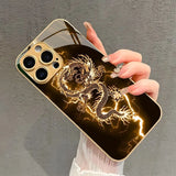 Golden Lightning Dragon Pattern Metallic Paint Glass Phone Case For iPhone