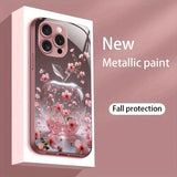Cherry Blossom For Apple Pattern Pink Metal Paint Tempered Glass Case For iPhone