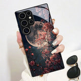 Pink Cherry Blossoms Moon Pattern Tempered Glass Case For Samsung