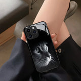 Cute Cat Pattern Tempered Glass Black Phone Case For iPhone