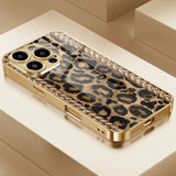 Stylish Retro Leopard Print Gold Metal Paint  Tempered Glass Case For iPhone