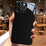 Black Carbon Fiber Texture Tempered Glass Black Case For iPhone