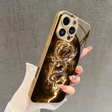 Golden Lightning Dragon Pattern Metallic Paint Glass Phone Case For iPhone