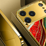 High End Gilded Pattern Gold Metallic Paint Tempered Glass Case For iPhone