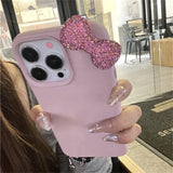 Luxury Rhinestone Bow Litchi Pattern Leather Shockproof Phone Case For iPhone