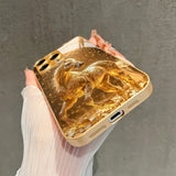 Fashion Golden Horse Pattern Gold Metallic Paint Glass Phone Case For iPhone
