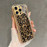 Stylish Retro Leopard Print Gold Metal Paint  Tempered Glass Case For iPhone