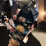 Lotus Pattern Anti-Fall Tempered Glass Case For iPhone