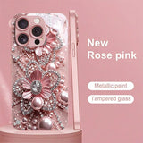 Pink Pearl Diamond Floral Pattern Pink Metallic Glass Phone Case For iPhone