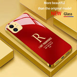 Electroplated glass phone case letter "R" design golden frame case For iPhone