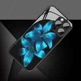 Elegant Blue Lily Floral Glass Material Phone Case For iPhone