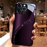 Purple Black Sparkle Curve Starlight Tempered Glass Phone Case For iPhone