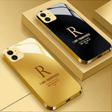 Electroplated glass phone case letter "R" design golden frame case For iPhone