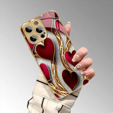 Elegant Red Gold Heart Pattern Gold Tempered Glass  Case For iPhone