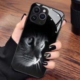 Cute Cat Pattern Tempered Glass Black Phone Case For iPhone