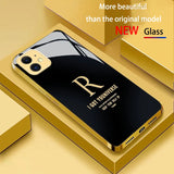 Electroplated glass phone case letter "R" design golden frame case For iPhone