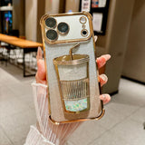 Glam Rhinestone Milk Tea Cup Floating Sand Airbag Phone Case For iPhone