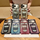 Glam Rhinestone Milk Tea Cup Floating Sand Airbag Phone Case For iPhone