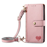 Love Heart Zipper Lanyard Leather Wallet Case for iPhone