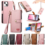 Love Heart Zipper Lanyard Leather Wallet Case for iPhone