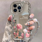 Electroplated Pink and White Rose Anti-Fall Phone Case with Colored Diamond Lanyard for IPhone