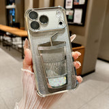 Glam Rhinestone Milk Tea Cup Floating Sand Airbag Phone Case For iPhone