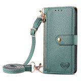 Love Heart Zipper Lanyard Leather Wallet Case for iPhone