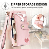 Love Heart Zipper Lanyard Leather Wallet Case for iPhone