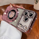 Magnetic Stand Rhinestone Glitter Case With Lens Film For iPhone