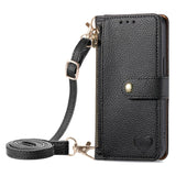 Love Heart Zipper Lanyard Leather Wallet Case for iPhone