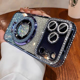 Magnetic Stand Rhinestone Glitter Case With Lens Film For iPhone